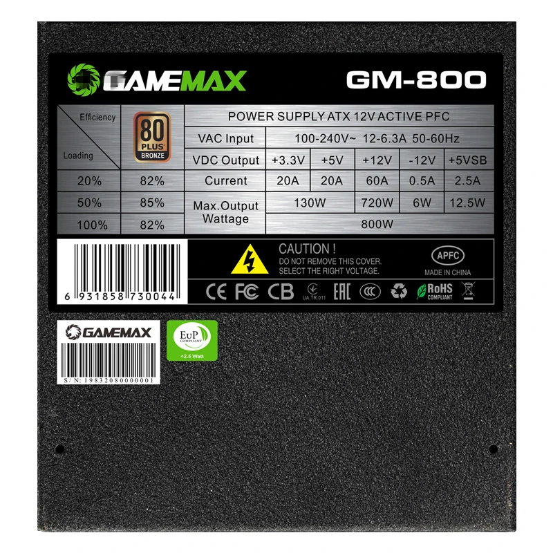 Блок питания для GameMax ATX12V полумодульный 80 плюс Бронзовый бесшумный блок питания для видеоигр 800 Вт блок питания GM-800