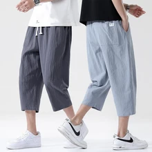Fashion Casual Mens Linen Loose Pants Korean Style Trend Nine-point Straight Trousers Breathable and comfortable 6Colors