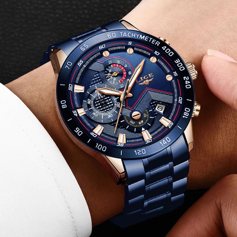 Lige Business Men Watch Luxury Brand Stainless Steel Wrist Watch Chronograph Army Military Quartz-5