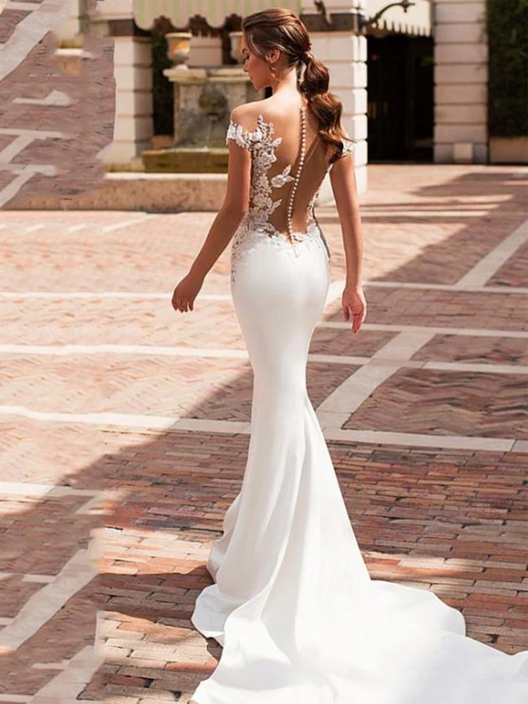Ivory Богемное свадебное платье Русалка атласная Кепка рукав Vestido De Noiva кружевное свадебное платье с романтическими пуговицами - Цвет: Ivory