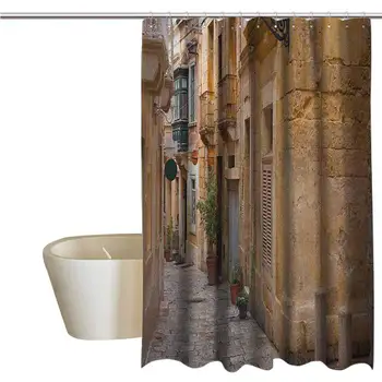 

Travel Funny Shower Curtain Old Narrow Street European Town in Vittoriosa Malta Historical Architecture Country Fabric Shower