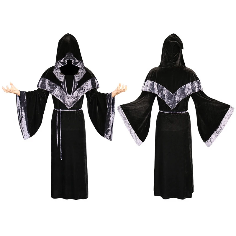 Halloween Wizard Cosplay Costume Men Vintage Coat+Hat Set Sorcerer Robe Outfits