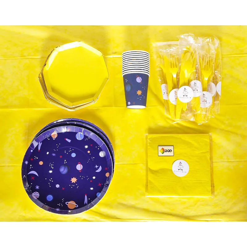 

48pcs Outer Space Universe Theme Disposable Tableware Kids Birthday Party Paper Plate Cups Supplies Baby Shower Party Decor