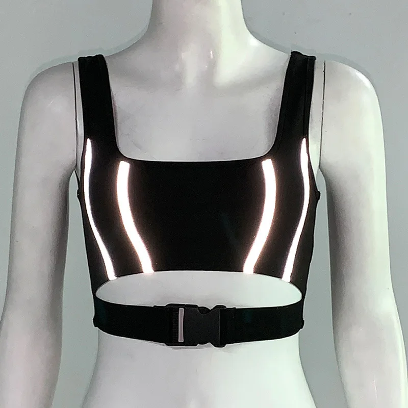 Women Sexy Bralette Reflective Cropped Top Fashion Female Black Buckle Bandage Tank Elastic Bustier Top Shirt Vest Femme