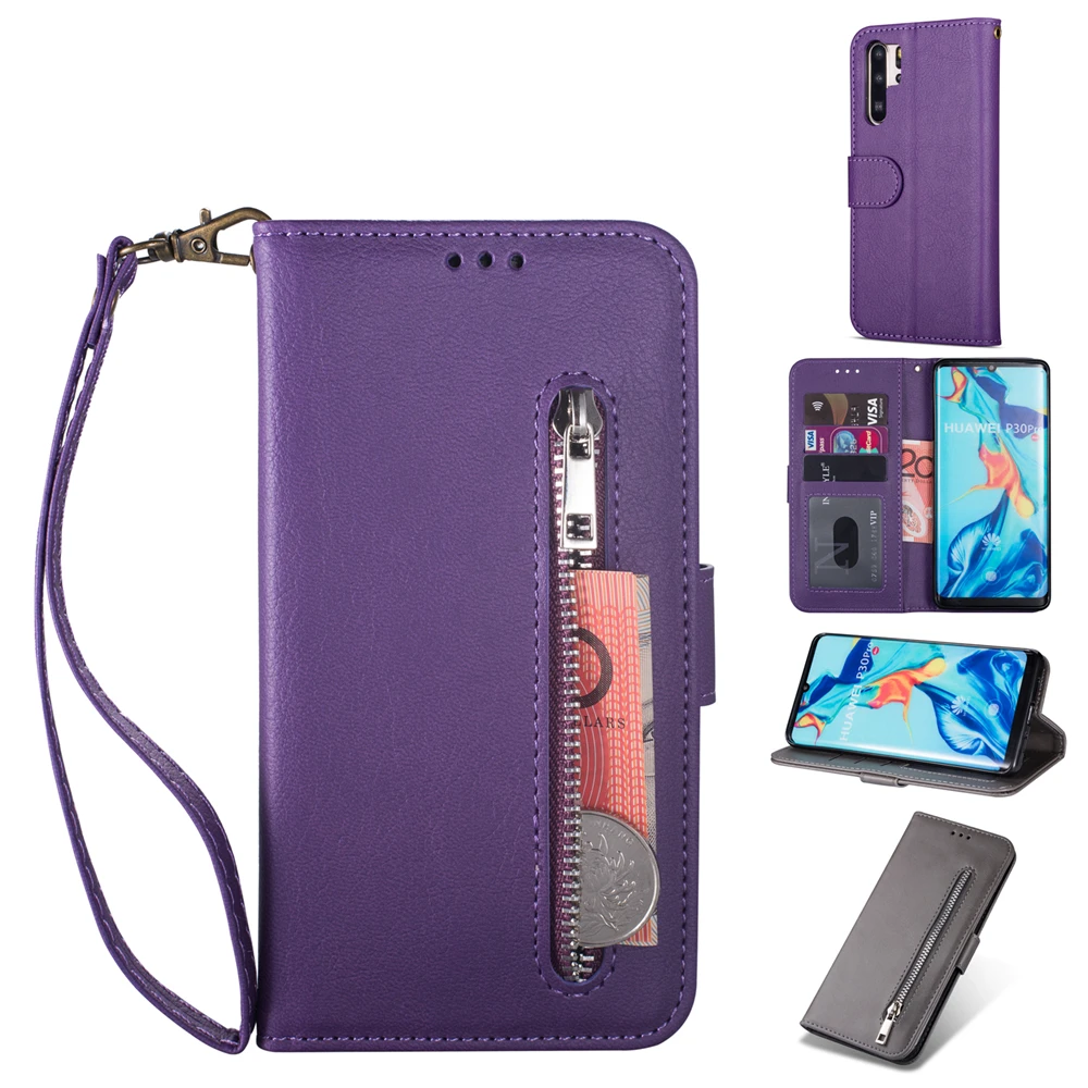 Фиолетовый Для huawei P30 P20 mate 20 10 Pro Lite, чехол из телячьей кожи, задняя крышка, 3 слота для карт, складная подставка для телефона, защитный кошелек - Цвет: Фиолетовый