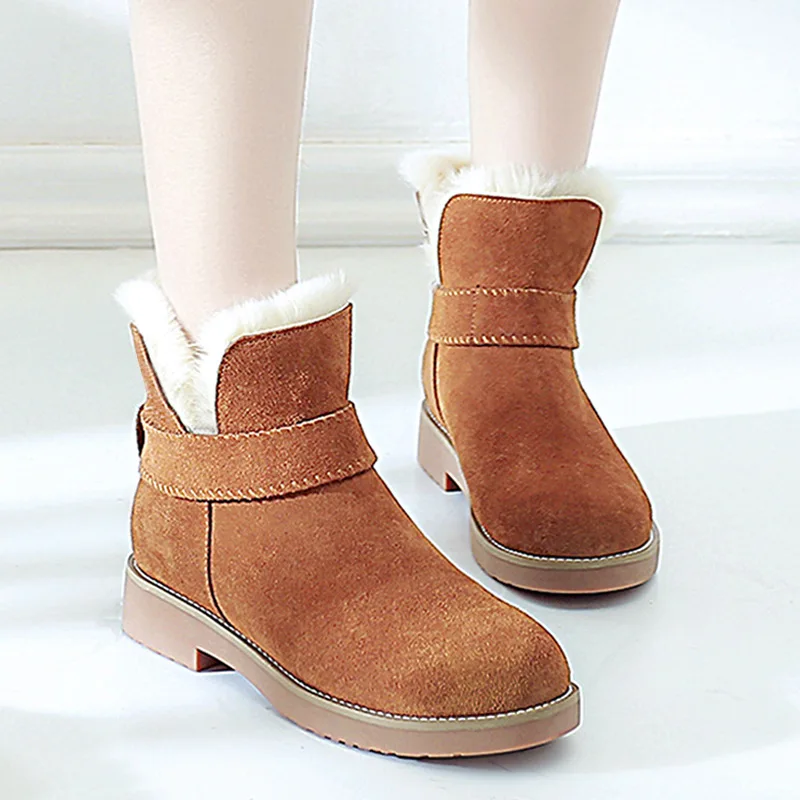 

Elegant Mature Classics Women Snow Boots Ankle Low Flat With Fur Boots Narrow Band Round Toe Fashion Solid Winter Shoes