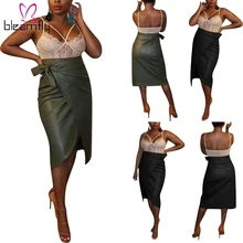 Зимняя женская юбка, одноцветная, с высокой талией, из искусственной кожи, с поясом, прямая, до колена, юбка, сексуальная, модная, одежда для ночного клуба