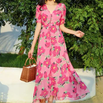 

Designer Bohemian Retro Print Flowers Sexy V-Neck Short Sleeve Elegant Temperament Long Dress High Quality Women Fashion