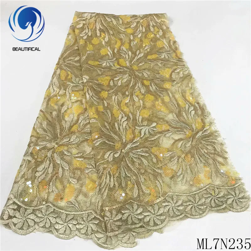 

BEAUTIFICAL nigerian lace fabrics 5yards net lace embroidery fabric for dress Hot sale african lace sequins fabric ML7N235