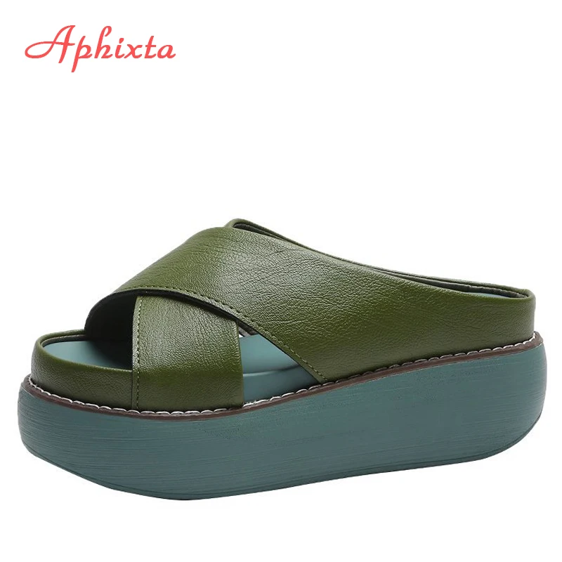 US $13.30 Aphixta Platform Cross Slippers Women Slides For Women Shoes 65cm Wedge Heel Slippers Fashion Green Flip Flops Beach Shoes