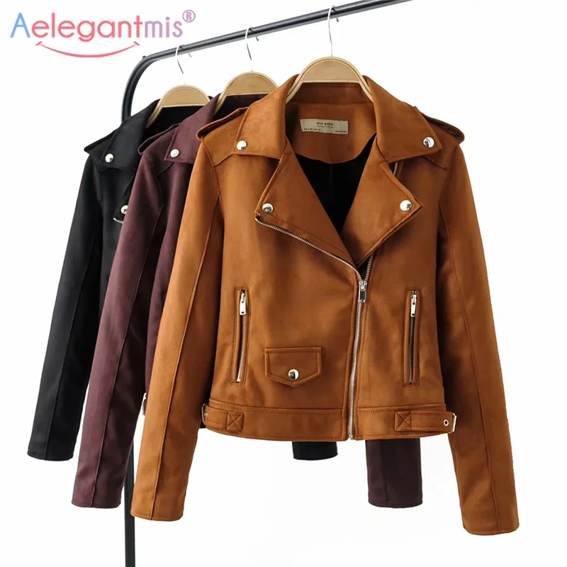 Женская замшевая куртка Aelegantmis черная классическая короткая из мягкой