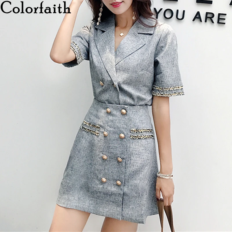 

Colorfaith 2020 New Summer Woman Sets 2 Pieces Matching Short Skirts Double Breasted Casual Outfits Office Lady Slit Suit WS1199