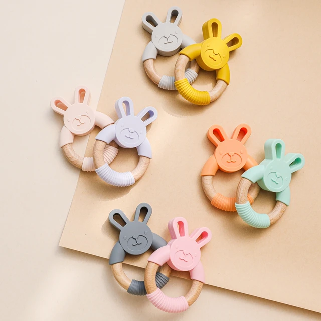 1Pc Baby Food Grade Beech Wooden Teether BPA Free Rabbit Teething Chewable Ring Diy Pendant Accessories Baby Products  Baby Gift 6