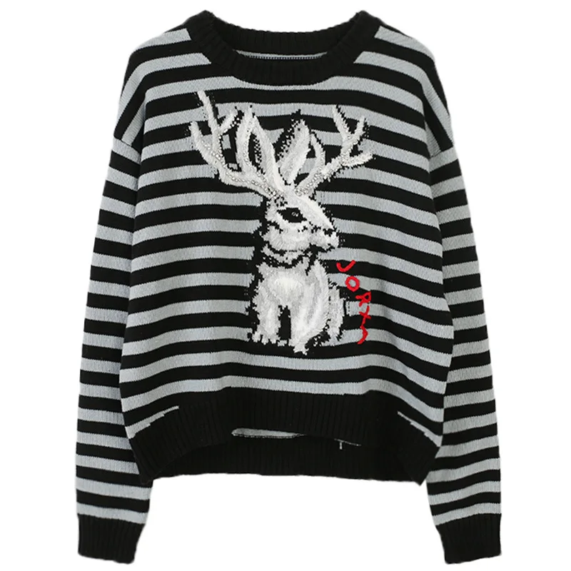 Luxury Winter Women O-neck Color Stripes Cartoon Deer Embroidery Chiristmas Casual Pullover Sweater Brand Designer Jumper