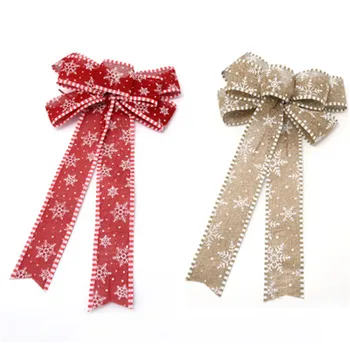 

40cm New Handmade Linen Big Christmas Bow Christmas Tree Decoration Print Snowflack Bow Christmas Party Supplier Home Decor