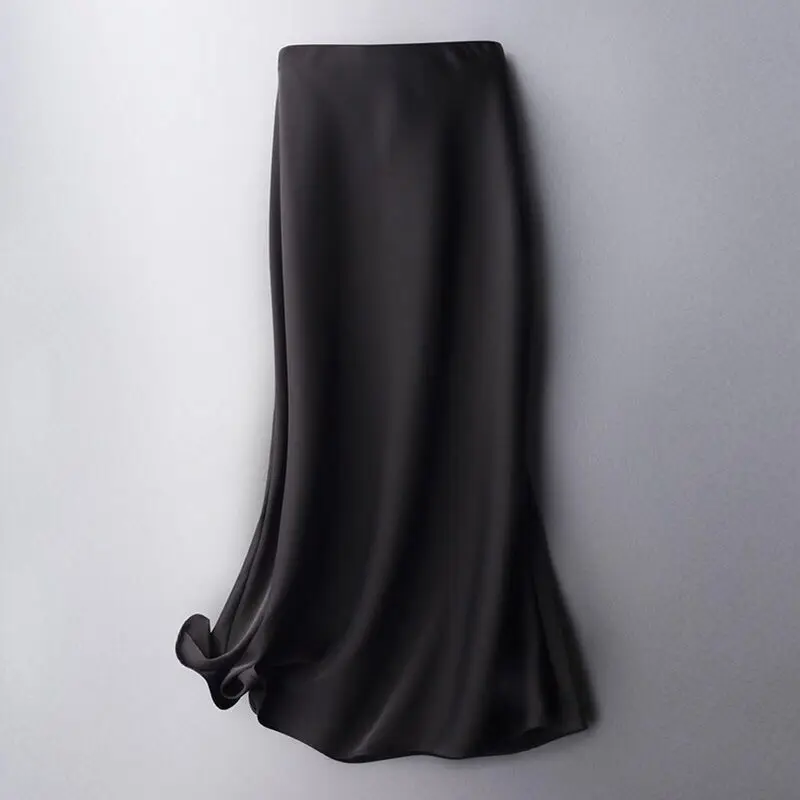 Summer Silk Midi Skirts Womens Korean England Style Satin Office Lady Simple Solid Elegant Faldas Mujer Moda Long Skirts Womens