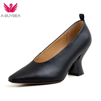 

2020 Summer New Design Square Heel Pumps High Quality Genuine Leather Pointed Toe Pumps Comfortable Handmade Shallow Women Shoes