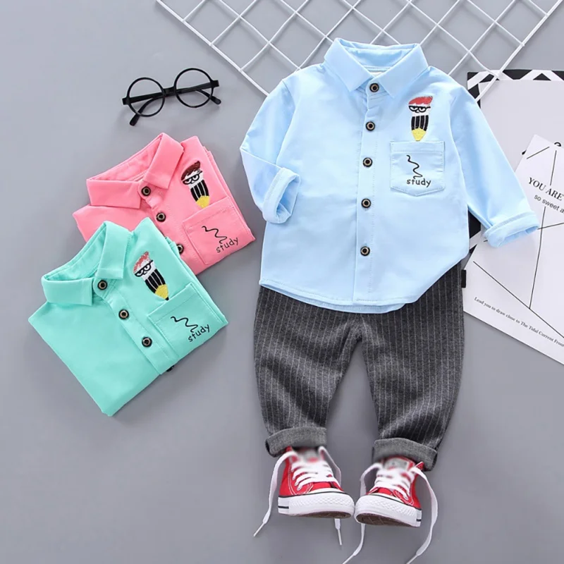 

Autumn Baby Boys clothes 2pcs Fashion Long Sleeve Cartoon Print Shirt Blouse Tops+Stripe Pants Trouser Set for Spring