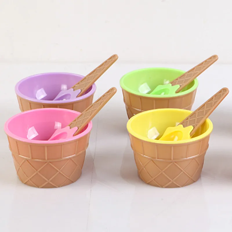 1 шт., детская пластиковая миска для мороженого, набор ложек, многоразовая чашка для мороженого, для детей, подарки, милая миска для десерта с ложкой