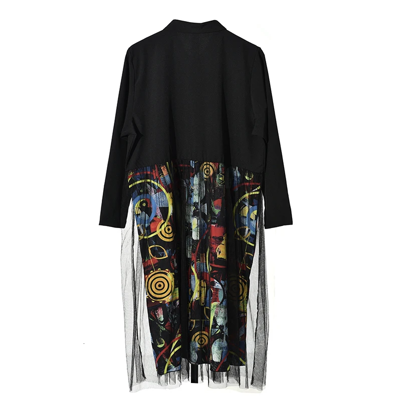 [EAM] женское черное Сетчатое платье большого размера с принтом, новинка, с отворотами, с длинным рукавом, свободный крой, модный стиль, весна-осень 1D976
