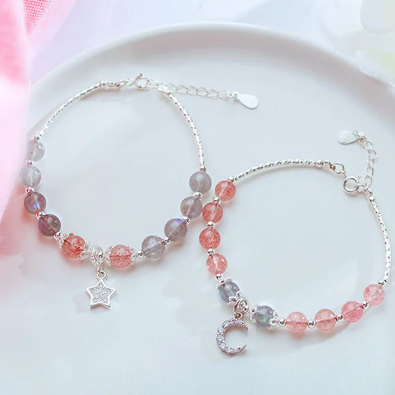 S925 Sterling Silver Moonstone Bracelets for Women Ladies Simple Sweet Strawberry Crystal Jewelry Star Moon Pendant Ornaments