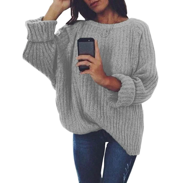 

Large size loose sweater 2019 autumn and winter new solid color round neck long sleeve pullover women's sweater