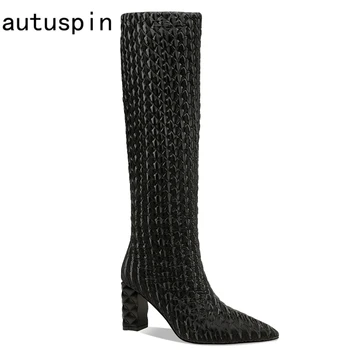 

autuspin Female Winter Warm Long Boots New Arrivals Fashion Plaid Embroider High Heel Shoes Women Party Wedding Knee High Boots