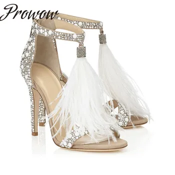 

Ollymurs Beige Feather T Strap Summer Sandals Crystal Beading Thin HIgh Heel Sandals Shoes Ladies