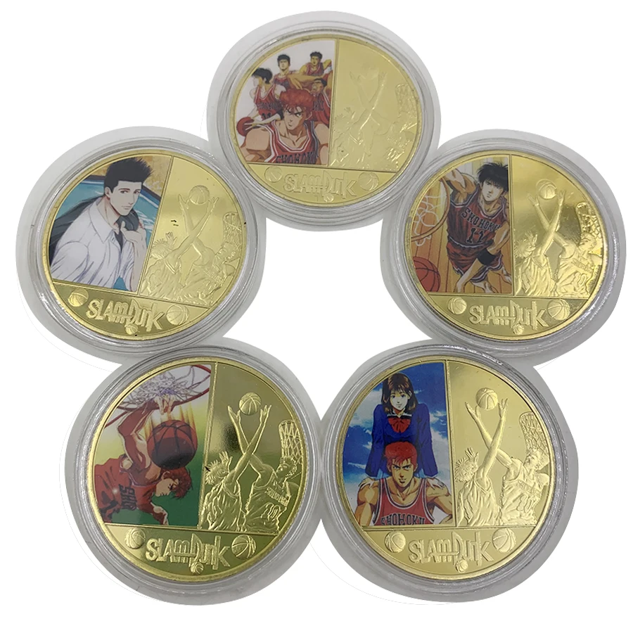 

Hot 5pcs basketball cartoon Gold Plated Coins Collectibles with box Japanese Challenge Coin Set Medal Original Gift For Man