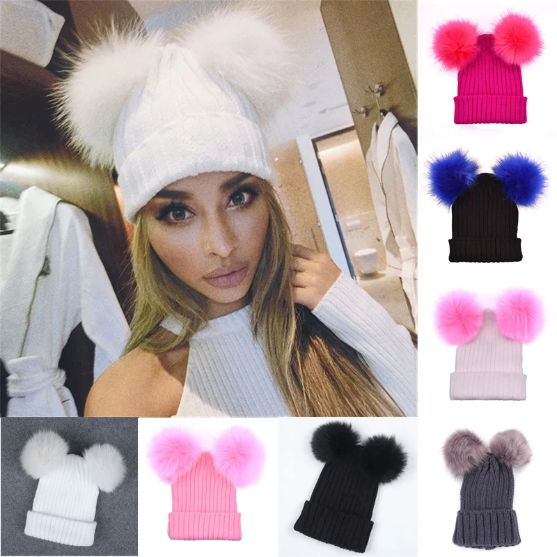 Fur Ball Cap 2 Pom Poms Winter Hat For 