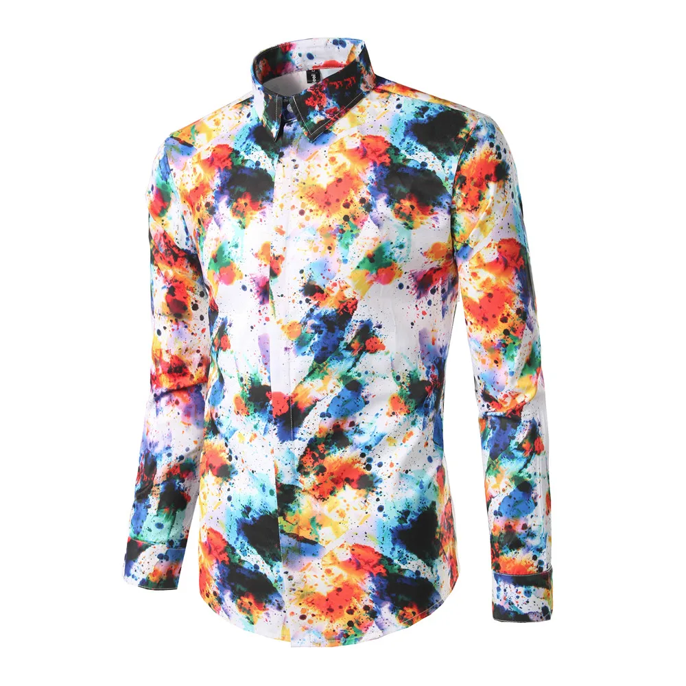 

Hot Sale High Quality Fashion 3D Splash Paint Print Slim Fit Shirts Mens Luxury Long Sleeve Casual Dress Cotton Shirts Top M-2XL