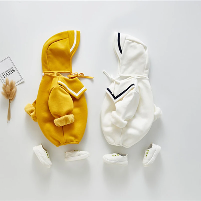 Winter boys clothes thick plus velvet long sleeve infant baby bodysuit for girls sailor style jumpsuit newborn pajamas children
