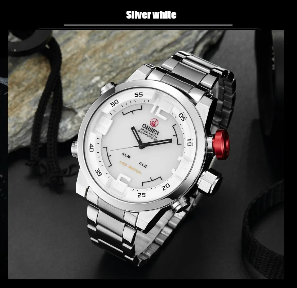 Ohsen цифровой бренд кварцевые мужские спортивные часы 3ATM водонепроницаемые черные полностью стальной ремешок модный светодиодный наручные часы в стиле милитари