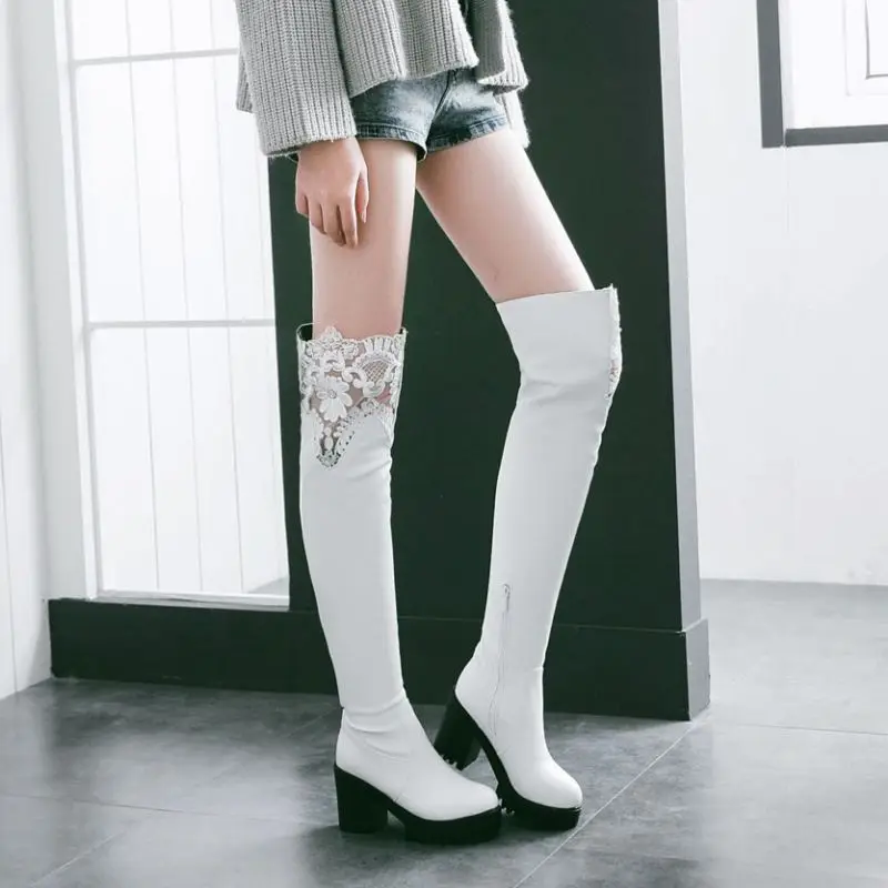 ZALAVOR Women Over Knee Boots Fashion Black White Winter Platform Boots Warm Fur Casual Lace High Heel Shoes Women Size 33-45