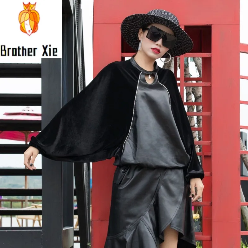 

Autumn New Fashion Women Sheepskin Real Leather Jacket Pullover Batwing Sleeve Patchwork Tops Loose Fit Stand Collar Outwear 3XL