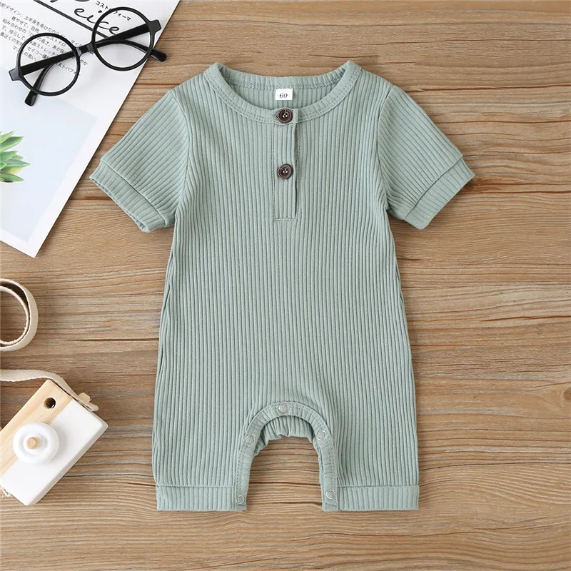 Kisded Födémgerenda Öltözés Kisded Fiú Bordás tömör romper Rövid távú Ingujj kezeslábas Elárusítónő Kötött Választékos Pamut sunsuit Újszülött bodysuit