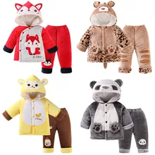 Одежда для малышей коллекция года, зимние комплекты с рисунками животных для малышей плотная толстовка с капюшоном+ штаны, 2 предмета, милая теплая одежда для маленьких мальчиков и девочек