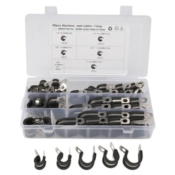 

50 Pcs Cable Clamp Assortment Kit Stainless Steel Cushion Pipe Clamps Line Clamps 5 Different Size