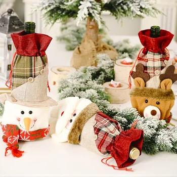 

Christmas red wine bottle cap bag linen button plaid Christmas champagne bottle cap Christmas decorations home