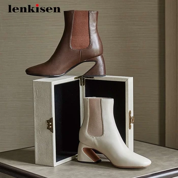 

Lenkisen Chelsea boots real leather stretch streetwear round toe high strange heel slip on mature elegant lady ankle boots L27