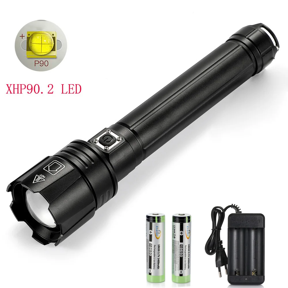 hot LED Tactical Flashlight High Power XHP90.2 Super Bright zoom Waterproof Torch Handheld hunting lamp & 2pcs battery + charger