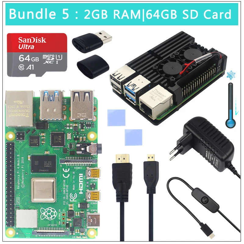 Bundle 5 Официальный Raspberry Pi 4 Модель B Комплекты двойной вентилятор Алюминиевый чехол+ sd-карта 32/64 ГБ+ адаптер питания+ кабель HDMI для RPI 4 - Комплект: Bundle 5