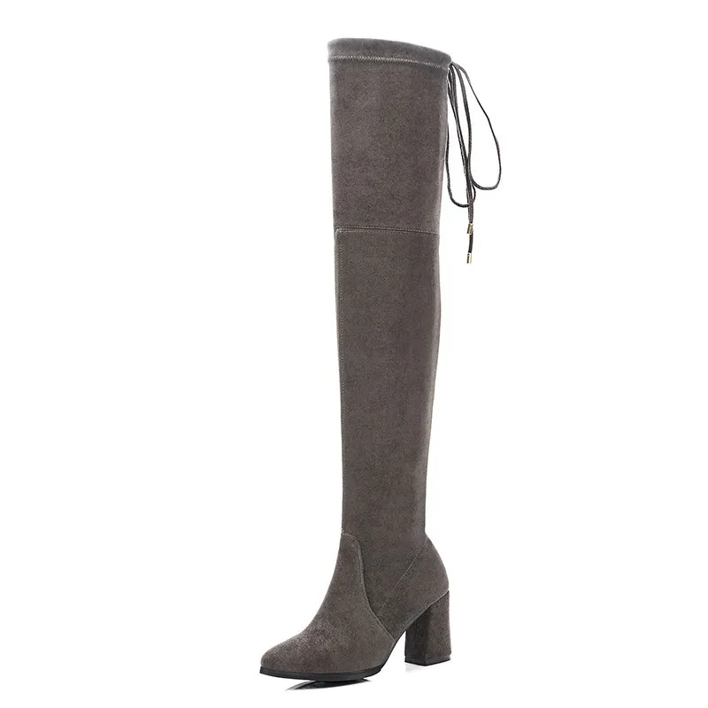 dark gray ASUMER/Большие размеры 34-43; модные ботфорты с круглым носком из флока и замши; пикантные ботфорты на высоком квадратном каблуке - Цвет: dark gray