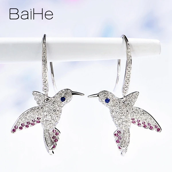 BAIHE Solid 14K White Gold Round cut Natural Diamonds Blue sapphirs+Pink sapphirs Wedding Trendy Fine Jewelry Stud Earrings