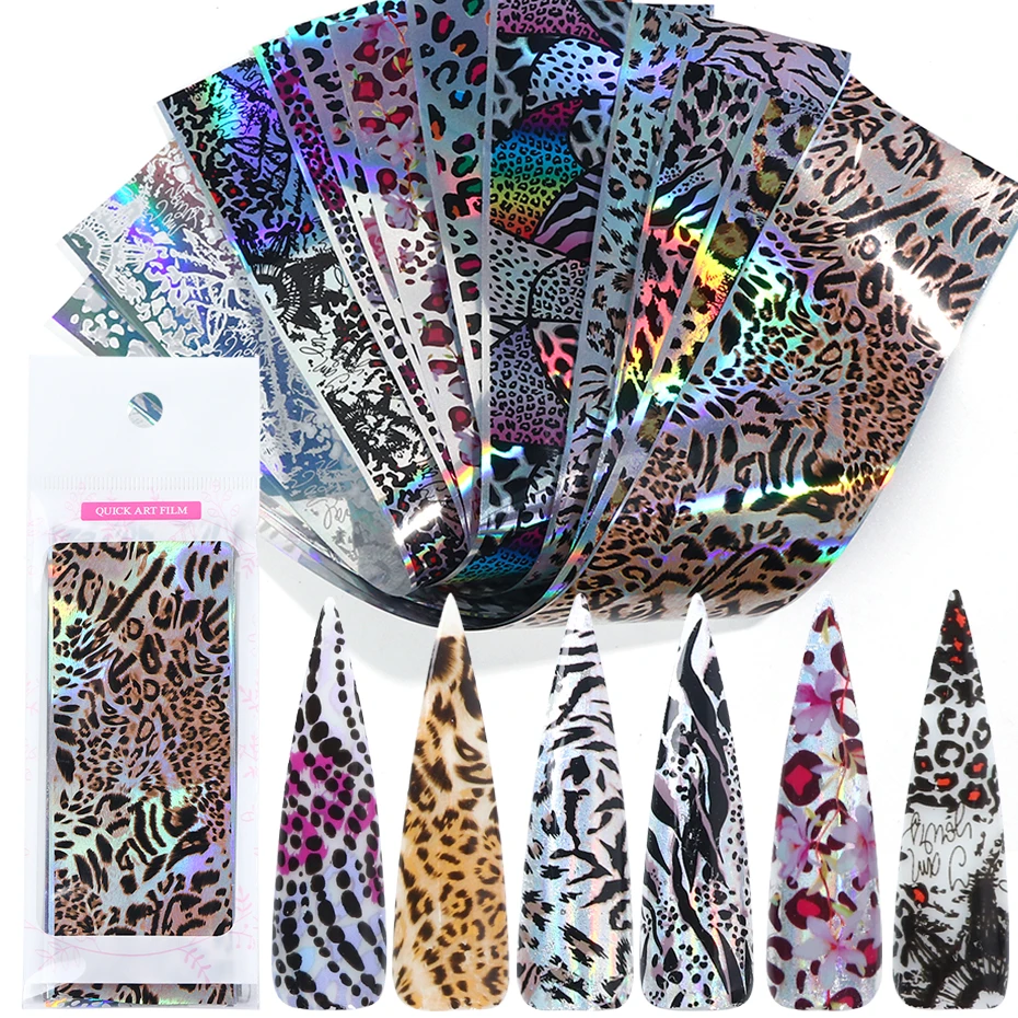 

10 pc Leopard Print Foil For Nail Laser Transfer Slider Sticker Letter Flower Nail Wrap Decal 3D Decoration Tips Manicure LA2001