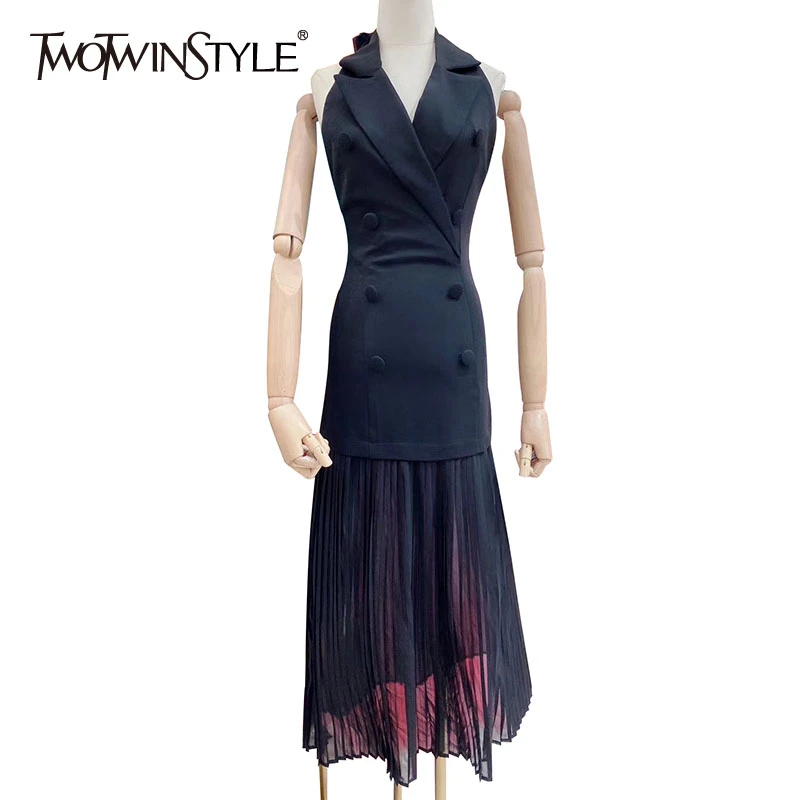 TWOTWINSTYLE Elegant Backless Dress For Women Halter Sleeveless Button High Waist Slim Pleated Dresses Female 2020 Summer New TWOTWINSTYLE Elegant Backless Dress For Women Halter Sleeveless Button High Waist Slim Pleated Dresses Female 2020 Summer New