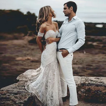 

Wedding Dress Mermaid Luxurious White Sweetheart Sweep Train Lace Beach Elegant For Wedding Party