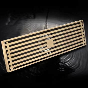 

Drains Euro Style Brass Bathroom Linear Shower 8x30Cm Floor Drain Wire Strainer Art Carved Cover Waste Drain B8029