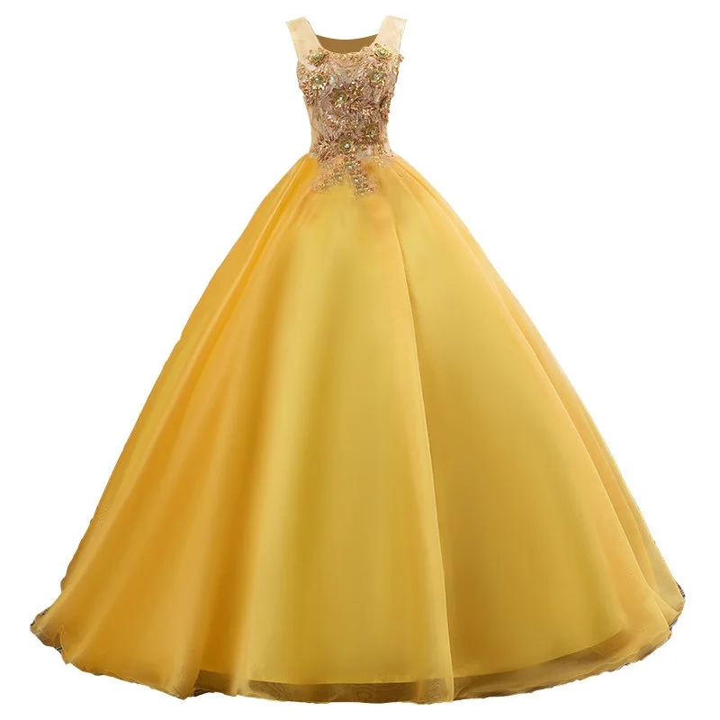 

Vestidos Debutantes 2019 Quinceanera Dresses Illusion Ball Gown Gold Appliques Beaded Puffy Prom Dresses Vestidos Para