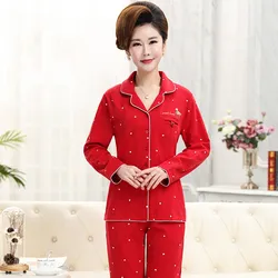 Fdfklak Pajamas Women Spring Autumn 100% Pure Cotton Long-Sleeved Home Clothes Middle-Aged Mother Plus Size Sleepwear Suit S-5XL